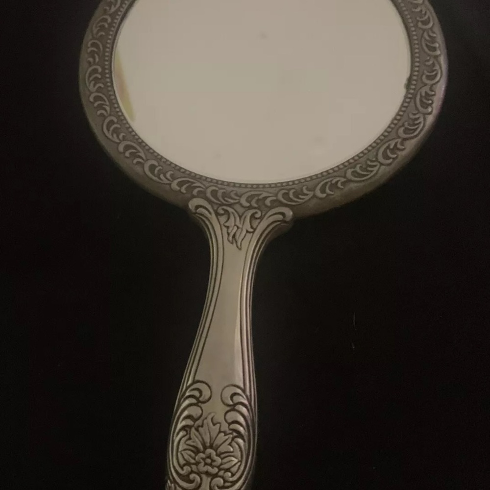 Vintage Hand-Held Vanity Mirror, Silver-Plated,Beaded Rim,Ornate Victorian 9.5”L